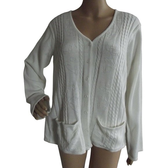 Knit Minded Cardigan Sweater Medium White Cable button front M open snap back - Picture 1 of 12